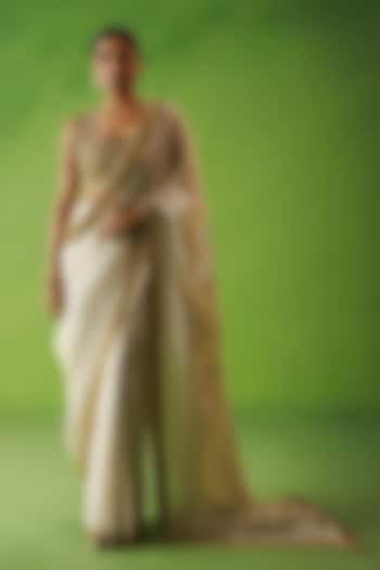 Beige Tissue Silk Embroidered Pre-Draped Wedding Saree Set by Kisakshi Jaipur at Pernia's Pop Up Shop