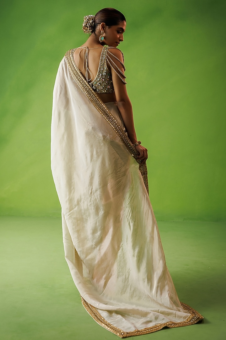 Beige Tissue Silk Embroidered Pre-Draped Wedding Saree Set by Kisakshi Jaipur at Pernia's Pop Up Shop