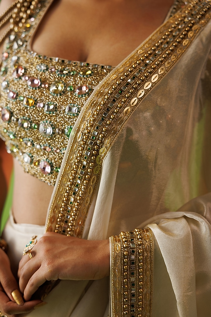 Beige Tissue Silk Embroidered Pre-Draped Wedding Saree Set by Kisakshi Jaipur at Pernia's Pop Up Shop