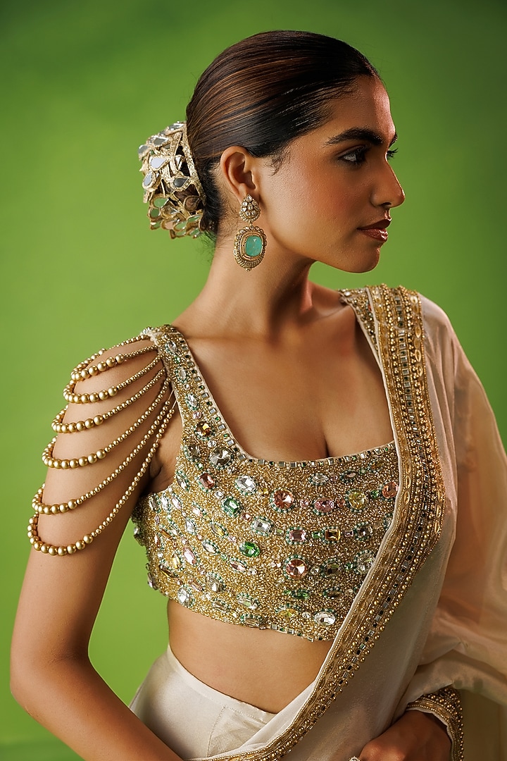 Beige Tissue Silk Embroidered Pre-Draped Wedding Saree Set by Kisakshi Jaipur at Pernia's Pop Up Shop