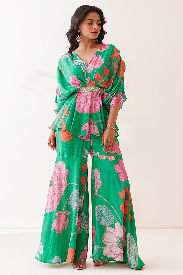 Green Crepe Printed Sharara Set by Kisakshi Jaipur at Pernia's Pop Up Shop