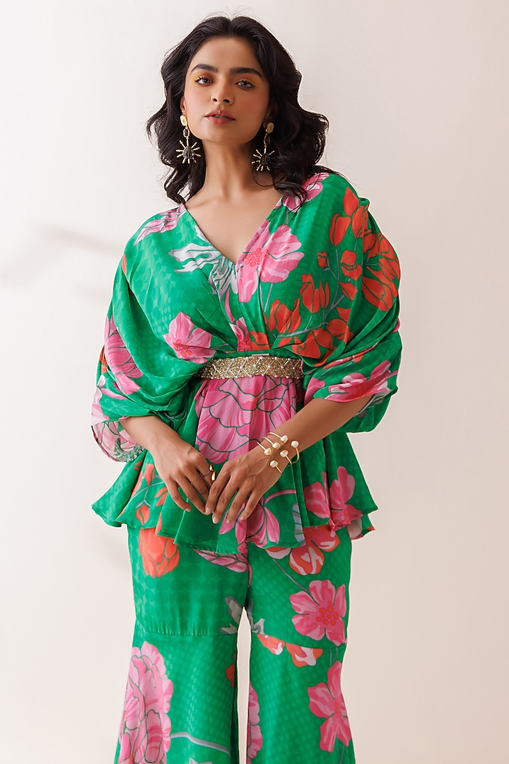 Green Crepe Printed Party Wear Sharara Set by Kisakshi Jaipur at Pernia's Pop Up Shop