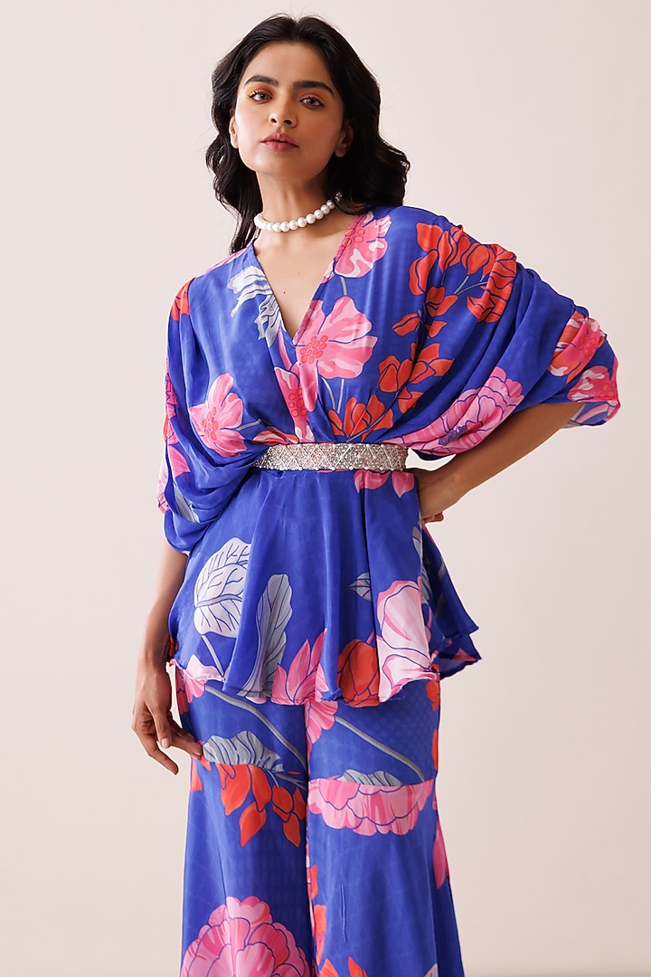 Blue Crepe Printed Party Wear Sharara Set by Kisakshi Jaipur at Pernia's Pop Up Shop