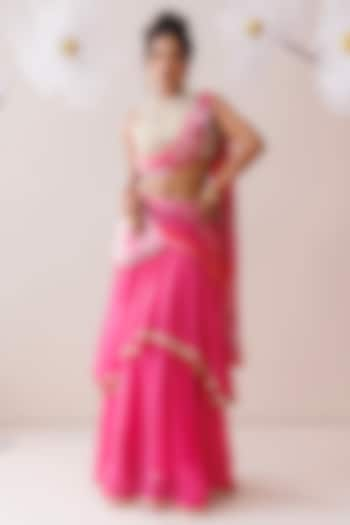 Pink Crepe & Organza Draped Layered Wedding Lehenga Set by Kisakshi Jaipur at Pernia's Pop Up Shop