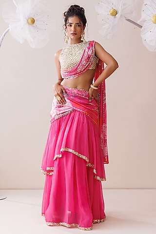 Pink Crepe & Organza Draped Layered Lehenga Set by Kisakshi Jaipur
