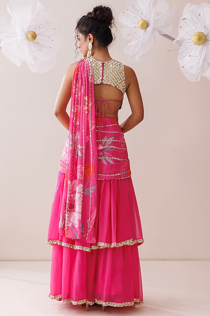 Pink Crepe & Organza Draped Layered Wedding Lehenga Set by Kisakshi Jaipur at Pernia's Pop Up Shop
