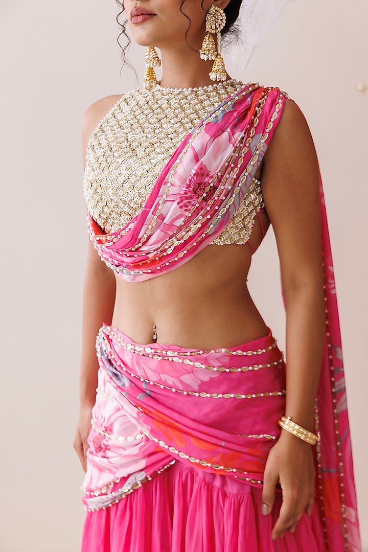 Pink Crepe & Organza Draped Layered Wedding Lehenga Set by Kisakshi Jaipur at Pernia's Pop Up Shop