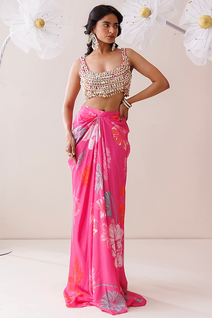 Pink Crepe Floral Printed Draped Skirt Set by Kisakshi Jaipur at Pernia's Pop Up Shop