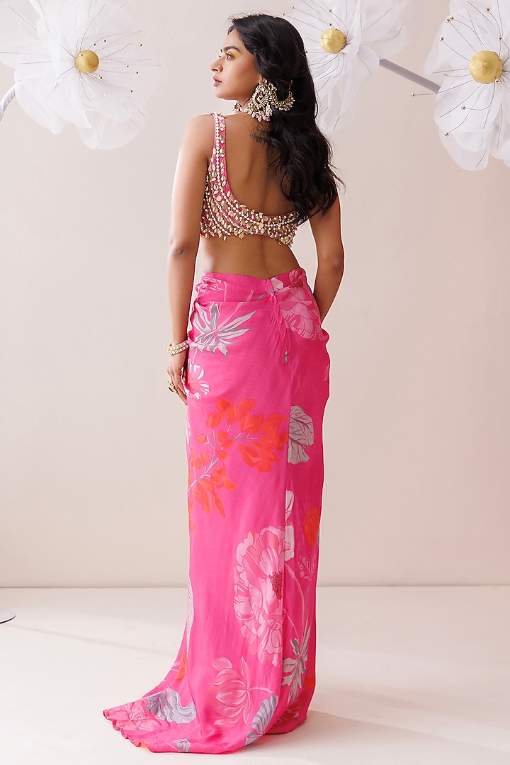 Pink Crepe Floral Printed Draped Skirt Set by Kisakshi Jaipur at Pernia's Pop Up Shop
