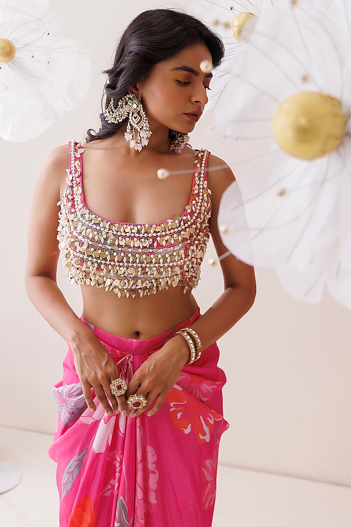 Pink Crepe Floral Printed Draped Skirt Set by Kisakshi Jaipur at Pernia's Pop Up Shop