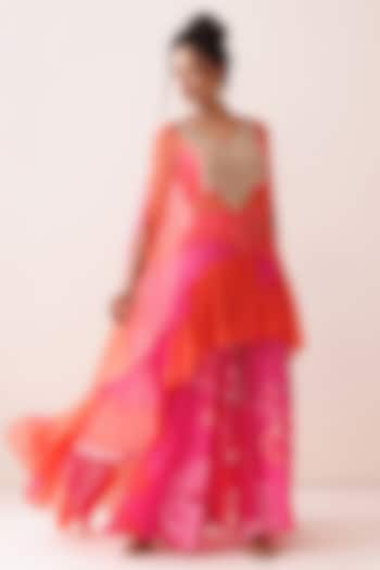 Pink & Orange Crepe Ombre Hand Embroidered Cape Set by Kisakshi Jaipur at Pernia's Pop Up Shop