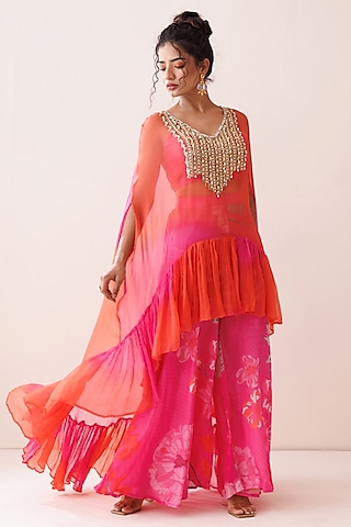 Pink & Orange Crepe Ombre Hand Embroidered Cape Set by Kisakshi Jaipur