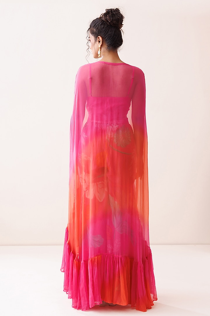 Pink & Orange Crepe Ombre Hand Embroidered Cape Set by Kisakshi Jaipur at Pernia's Pop Up Shop