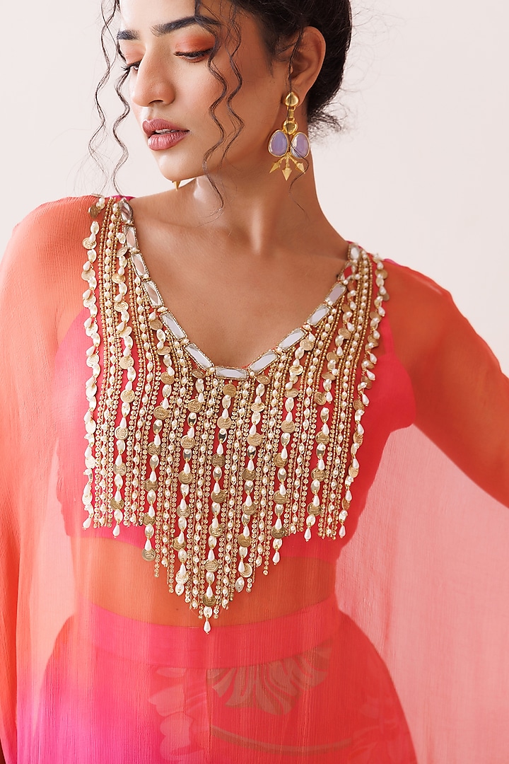 Pink & Orange Crepe Ombre Hand Embroidered Cape Set by Kisakshi Jaipur at Pernia's Pop Up Shop