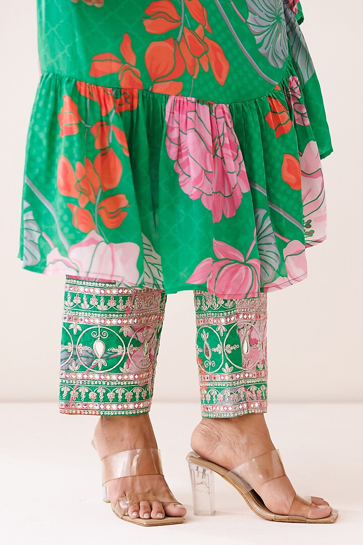 Green Crepe Beads Hand Embroidered One-Shoulder Kurta Set by Kisakshi Jaipur at Pernia's Pop Up Shop