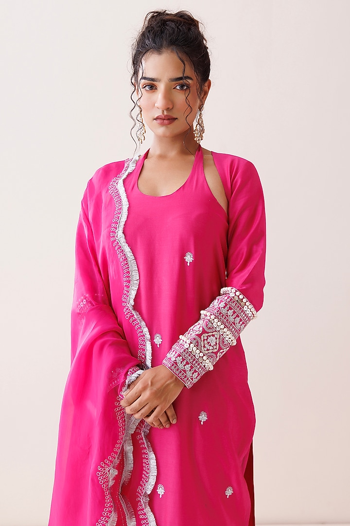 Pink Silk Chanderi Sequins Embellished Halter Kurta Set by Kisakshi Jaipur at Pernia's Pop Up Shop