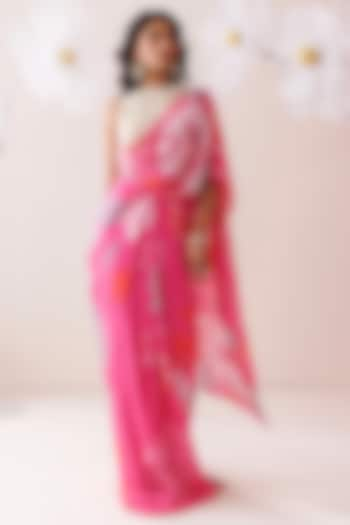 Pink Crepe Floral Printed Draped Saree Set by Kisakshi Jaipur at Pernia's Pop Up Shop