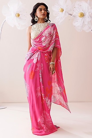 Pink Crepe Floral Printed Draped Saree Set by Kisakshi Jaipur