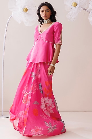 Pink Crepe Floral Printed Draped Skirt Set by Kisakshi Jaipur
