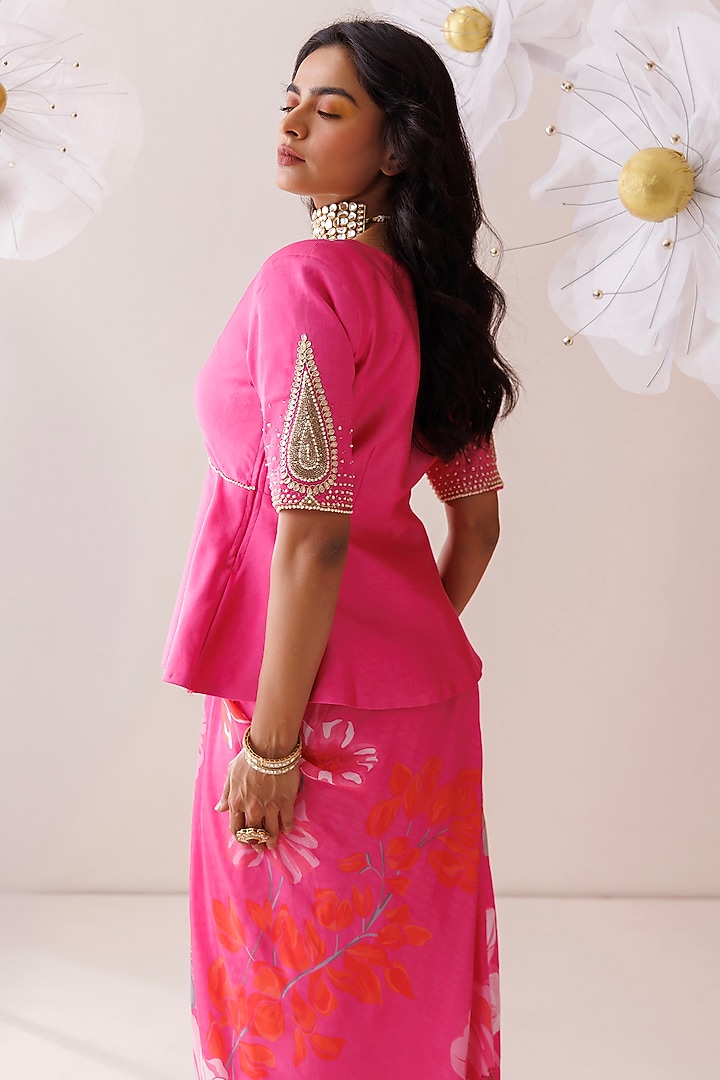 Pink Crepe Floral Printed Draped Skirt Set by Kisakshi Jaipur at Pernia's Pop Up Shop