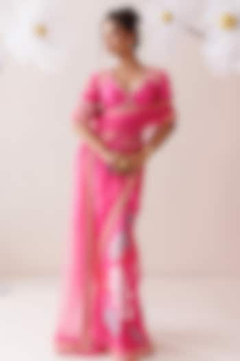 Pink Crepe & Net Floral Printed Saree Set by Kisakshi Jaipur at Pernia's Pop Up Shop