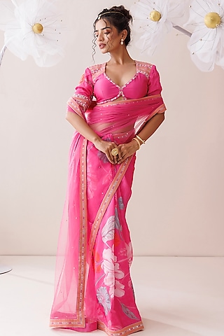 Pink Crepe & Net Floral Printed Saree Set by Kisakshi Jaipur