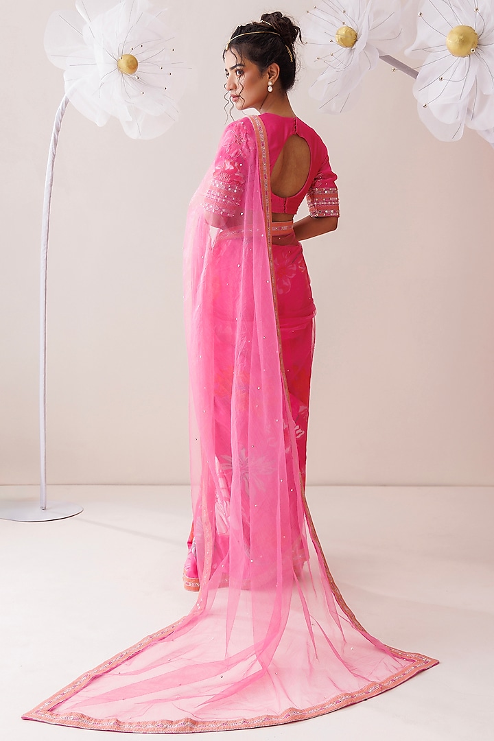 Pink Crepe & Net Floral Printed Party Wear Saree Set by Kisakshi Jaipur at Pernia's Pop Up Shop