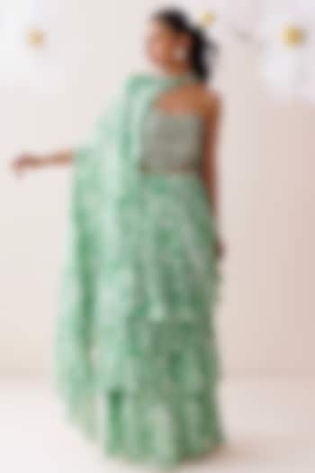 Green Crepe Tropical Printed Ready-To-Wear Saree Set by Kisakshi Jaipur at Pernia's Pop Up Shop