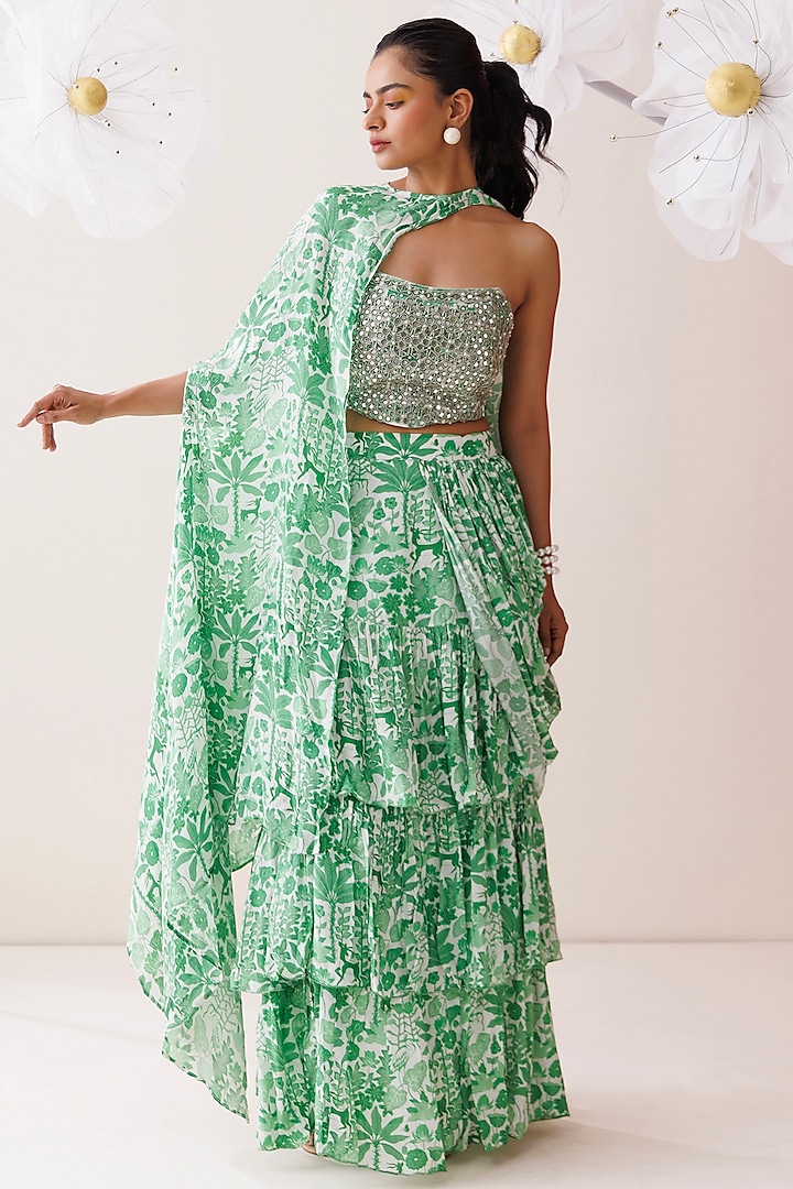 Green Crepe Tropical Printed Ready-To-Wear Saree Set by Kisakshi Jaipur at Pernia's Pop Up Shop