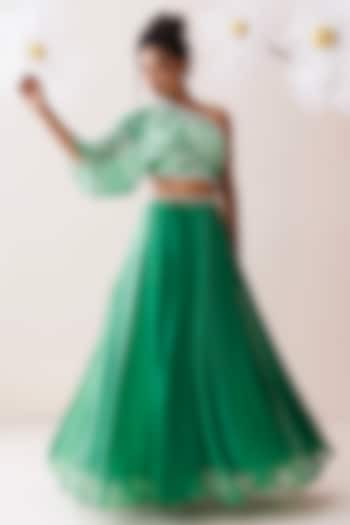 Green Crepe Tropical Printed Cut-Out Maxi Dress by Kisakshi Jaipur at Pernia's Pop Up Shop