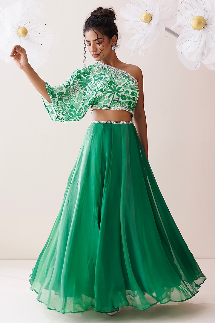 Green Crepe Tropical Printed Cut-Out Maxi Dress by Kisakshi Jaipur at Pernia's Pop Up Shop