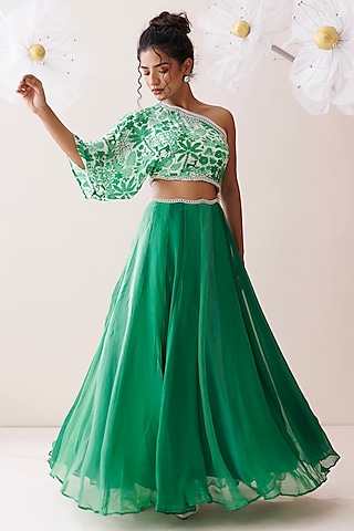 Green Crepe Tropical Printed Cut-Out Maxi Dress by Kisakshi Jaipur