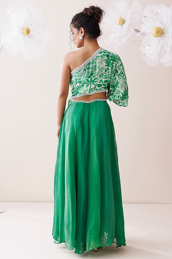 Green Crepe Tropical Printed Cut-Out Maxi Vacation Dress by Kisakshi Jaipur at Pernia's Pop Up Shop