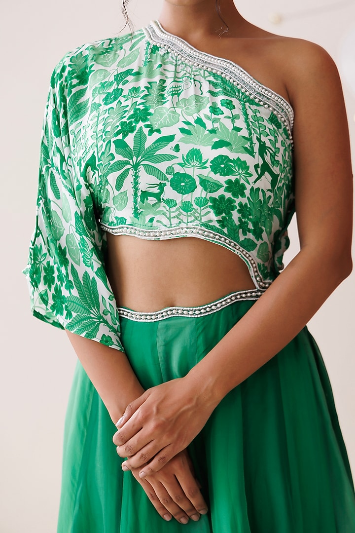 Green Crepe Tropical Printed Cut-Out Maxi Vacation Dress by Kisakshi Jaipur at Pernia's Pop Up Shop