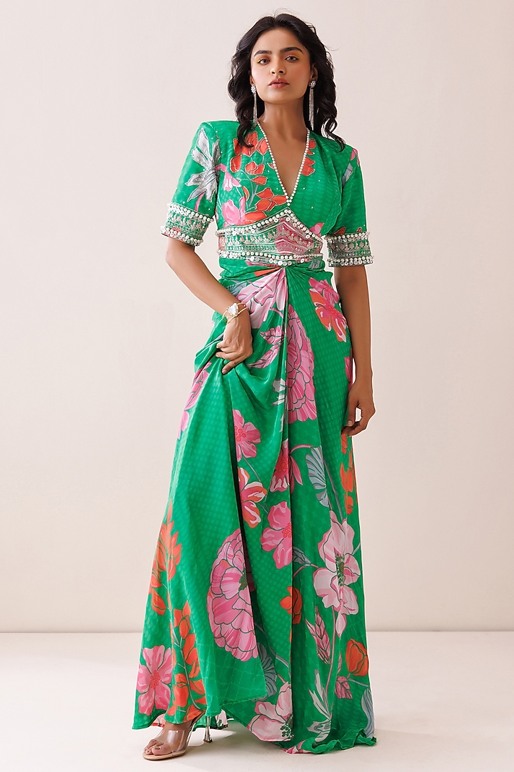 Green Crepe Floral Printed Maxi Dress by Kisakshi Jaipur at Pernia's Pop Up Shop