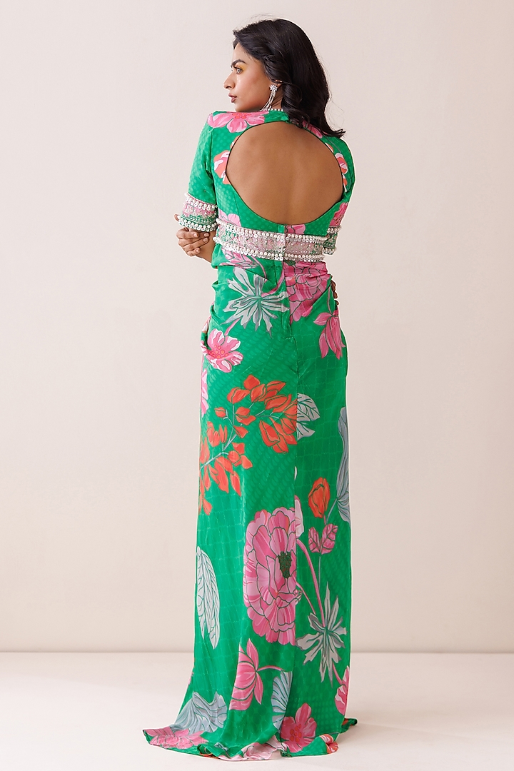 Green Crepe Floral Printed Maxi Vacation Dress by Kisakshi Jaipur at Pernia's Pop Up Shop