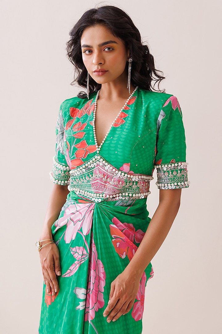 Green Crepe Floral Printed Maxi Vacation Dress by Kisakshi Jaipur at Pernia's Pop Up Shop