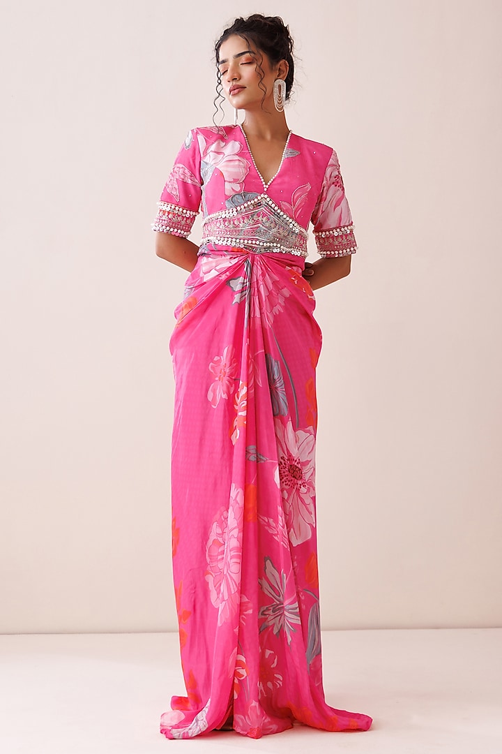 Pink Crepe Floral Printed Maxi Dress by Kisakshi Jaipur at Pernia's Pop Up Shop