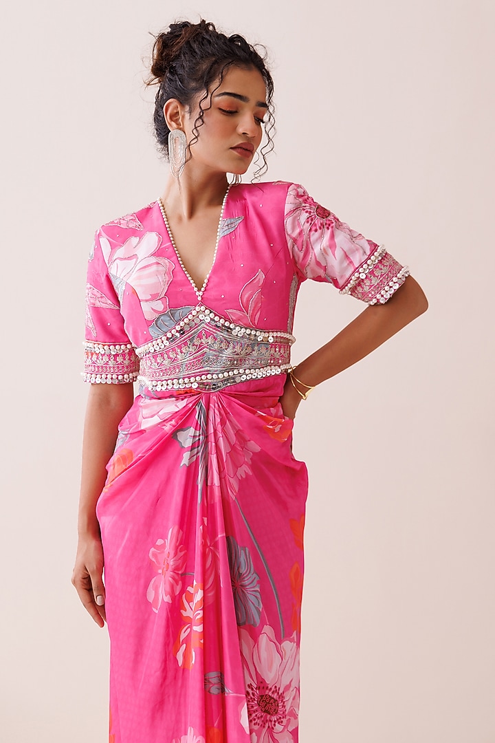 Pink Crepe Floral Printed Maxi Vacation Dress by Kisakshi Jaipur at Pernia's Pop Up Shop