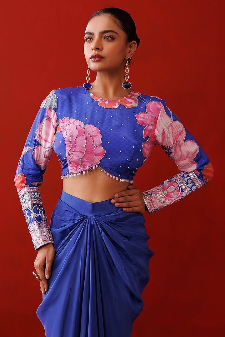 Blue Crepe Draped Skirt Set by Kisakshi Jaipur at Pernia's Pop Up Shop