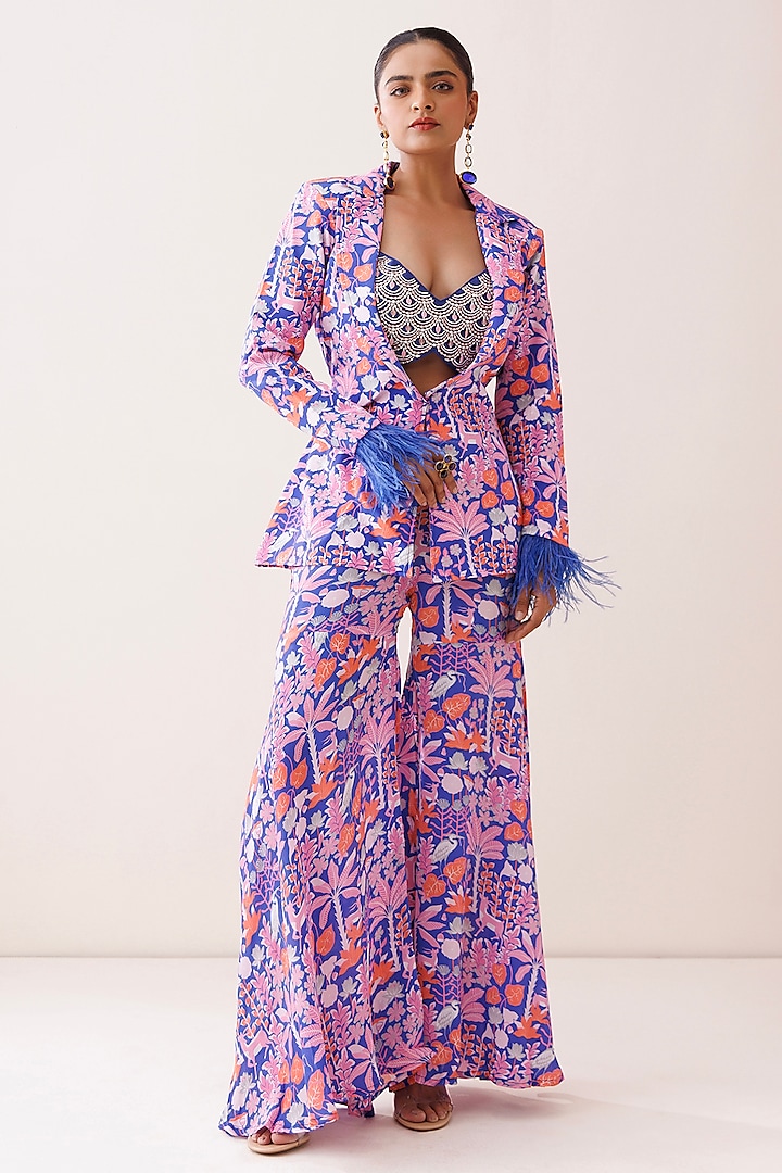 Blue Crepe Tropical Printed Blazer Set by Kisakshi Jaipur at Pernia's Pop Up Shop