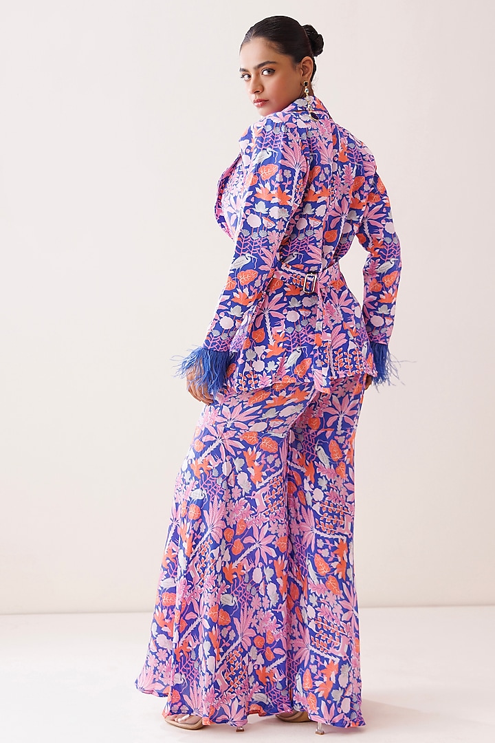 Blue Crepe Tropical Printed Blazer Set by Kisakshi Jaipur at Pernia's Pop Up Shop