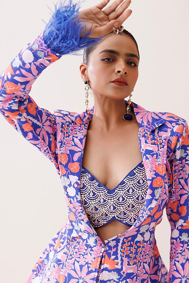 Blue Crepe Tropical Printed Blazer Set by Kisakshi Jaipur at Pernia's Pop Up Shop