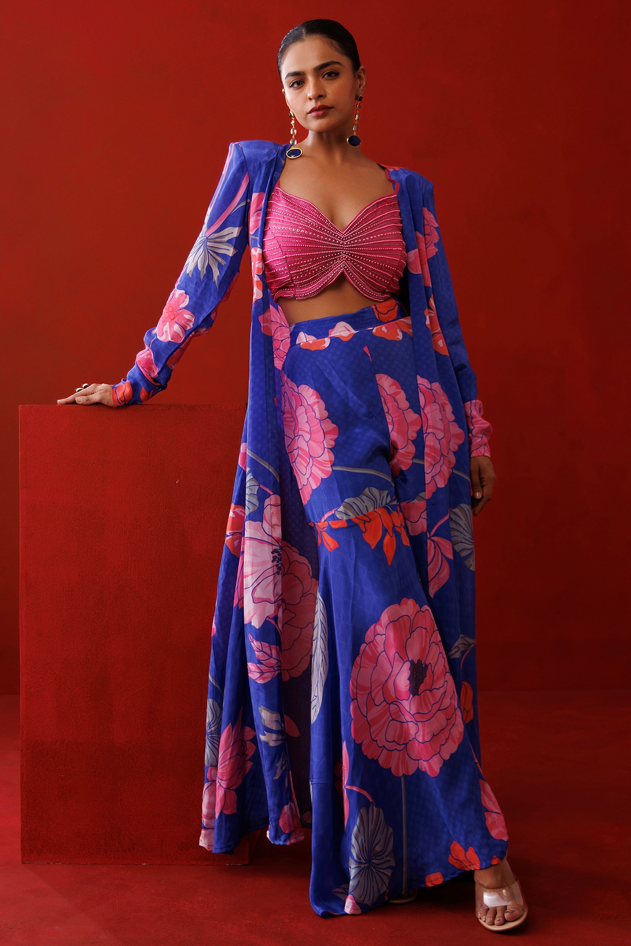 Blue Crepe Floral Printed Long Shrug Set by Kisakshi Jaipur at