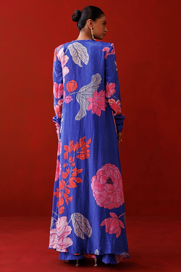 Blue Crepe Floral Printed Long Shrug Set by Kisakshi Jaipur at Pernia's Pop Up Shop