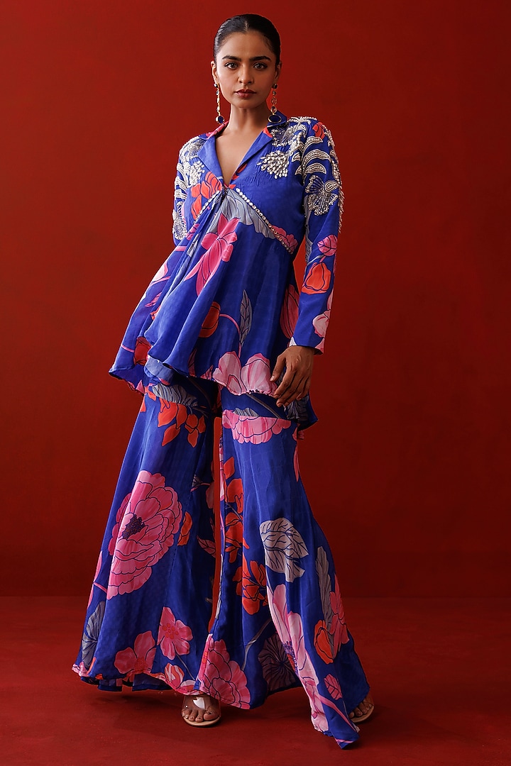 Blue Crepe Floral Printed Ruffled Blazer Set by Kisakshi Jaipur at Pernia's Pop Up Shop