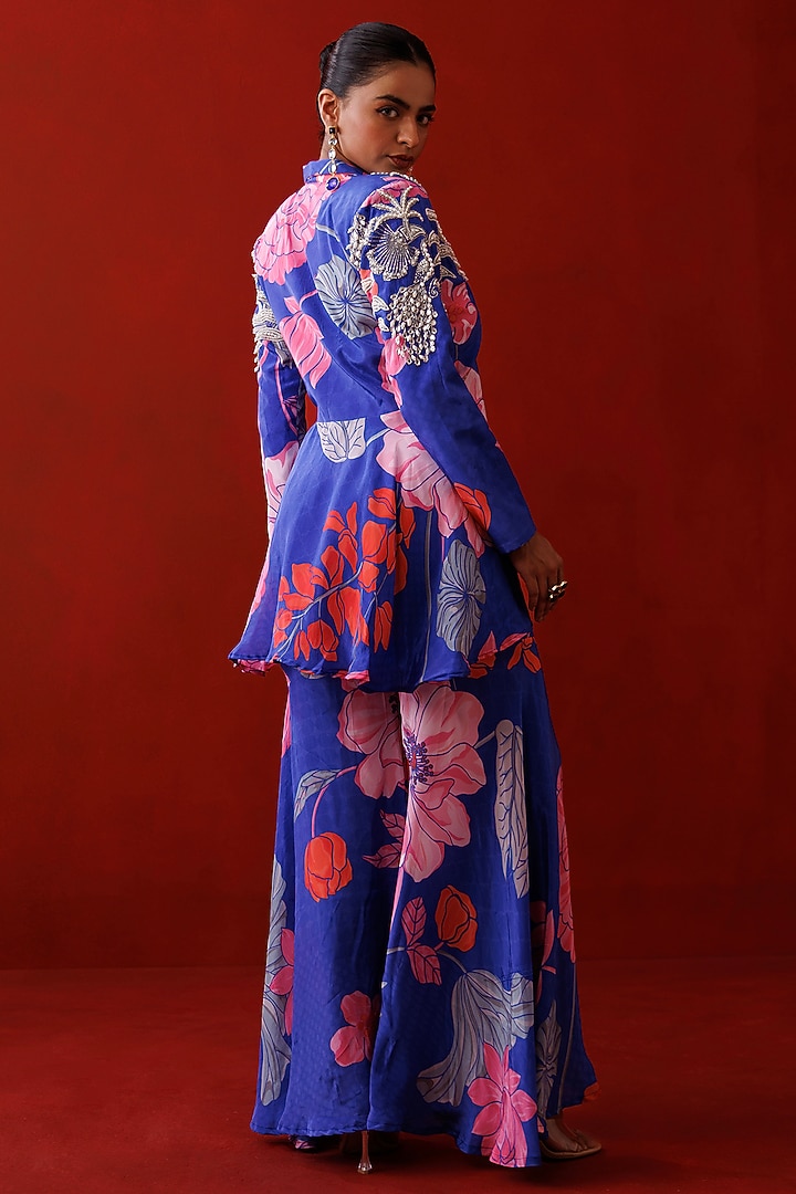 Blue Crepe Floral Printed Ruffled Blazer Set by Kisakshi Jaipur at Pernia's Pop Up Shop