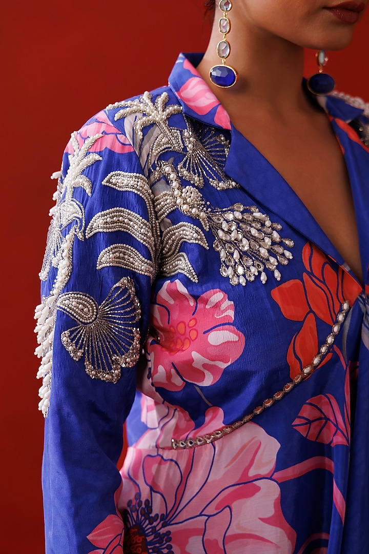 Blue Crepe Floral Printed Ruffled Blazer Set by Kisakshi Jaipur at Pernia's Pop Up Shop