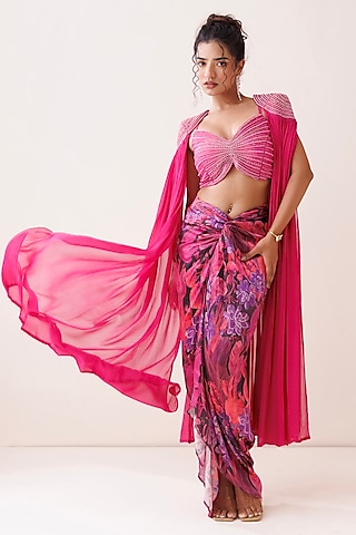 Hot Pink Georgette Cutdana Embroidered Long Shrug Set by Kisakshi Jaipur