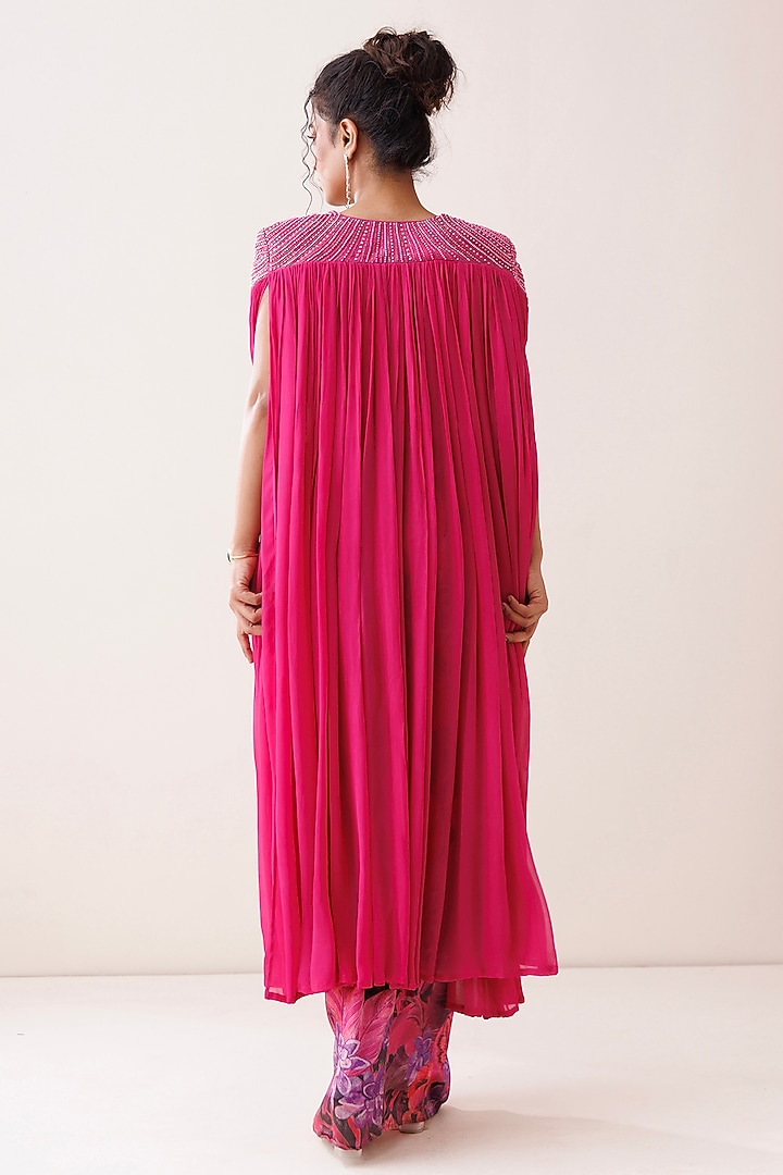 Hot Pink Georgette Cutdana Embroidered Long Shrug Set by Kisakshi Jaipur at Pernia's Pop Up Shop